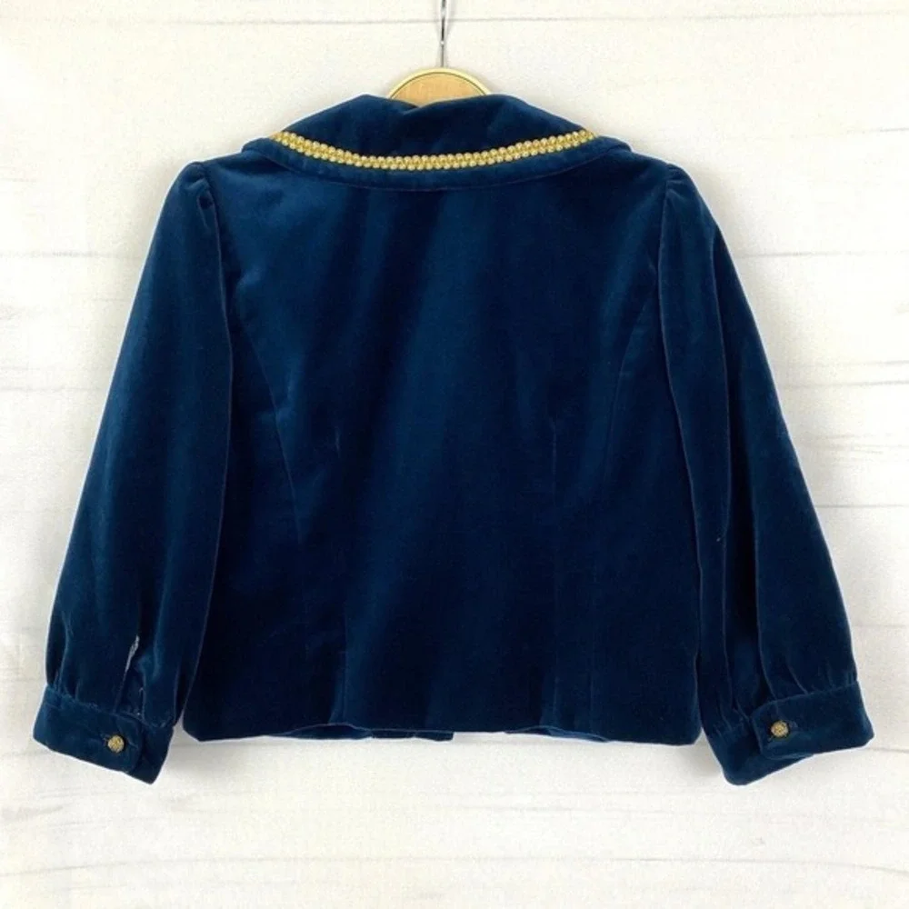 VTG Cynthia Steffe Velvet Renaissance Cropped Blazer Women 8 Blue Royal Medieval